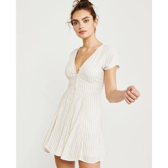 Abercrombie & Fitch vertical stripe V-neck button up tie back dress tan white - Picture 1 of 7